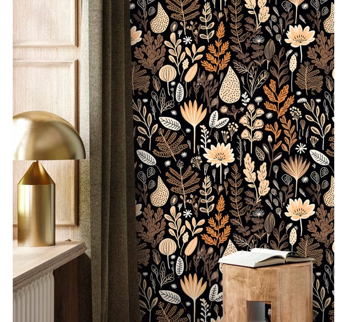 Dark brown botanical wallpaper leaves and herbs