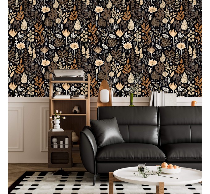 Dark brown botanical wallpaper leaves and herbs