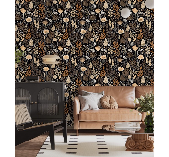 Dark brown botanical wallpaper leaves and herbs