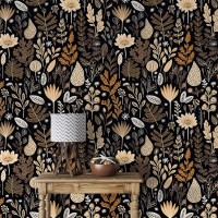 Dark brown botanical wallpaper leaves and herbs