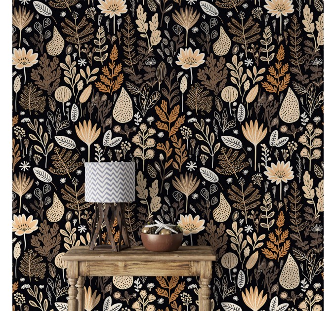 Dark brown botanical wallpaper leaves and herbs