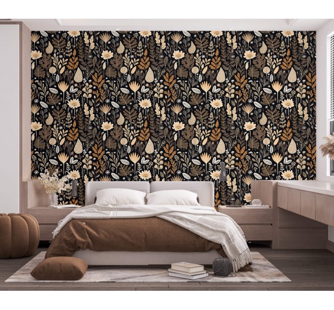 Dark brown botanical wallpaper leaves and herbs