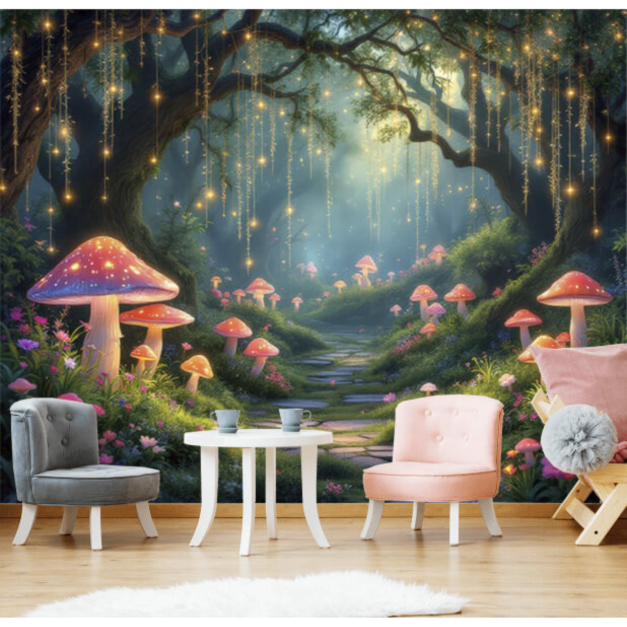 Enchanted forest wall mural, Fairy & mushroom wallpaper
