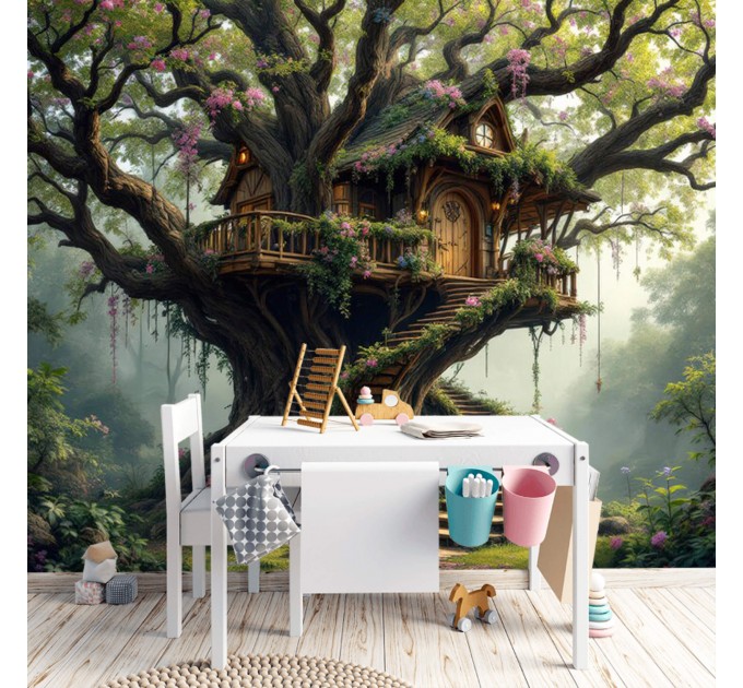 Treehouse wallpaper, Enchanted forest mural for kids' room