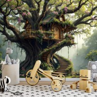 Tree house wallpaper, Enchanted forest mural for kids' room