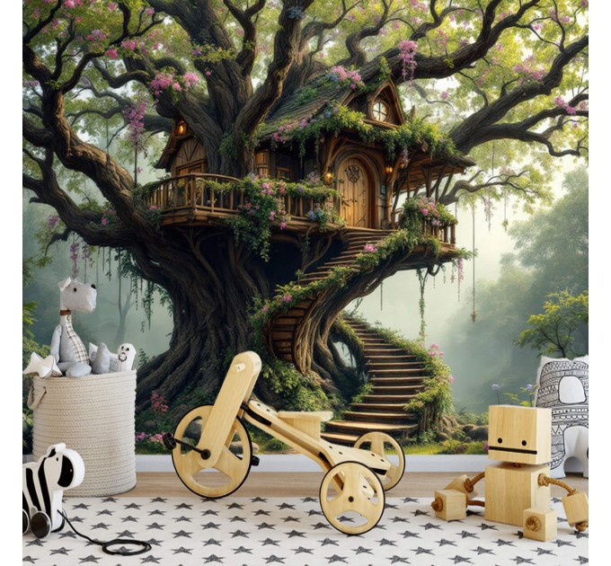 Treehouse wallpaper, Enchanted forest mural for kids' room