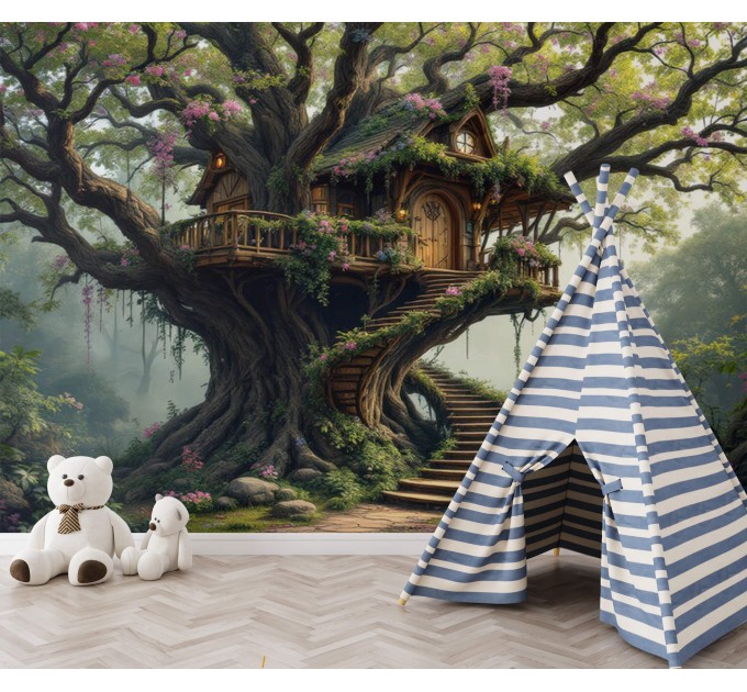 Treehouse wallpaper, Enchanted forest mural for kids' room