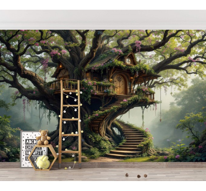 Treehouse wallpaper, Enchanted forest mural for kids' room