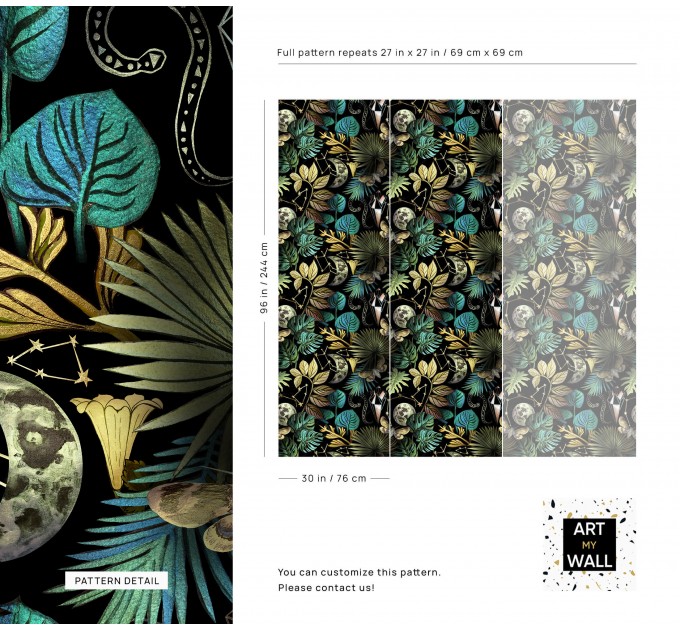 Whimsical wallpaper colorful leaves on dark moons snakes stars