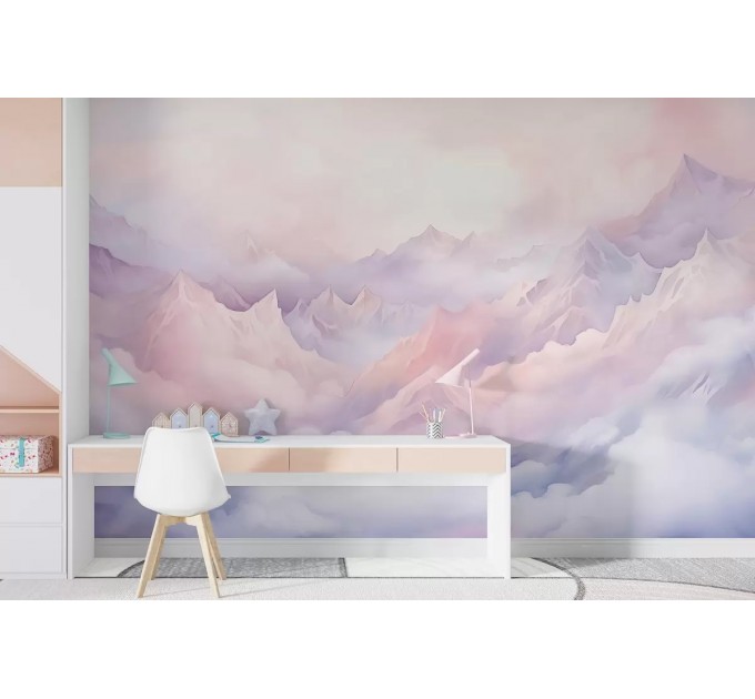 Purple pink mountains wallpaper mural for girls nursery