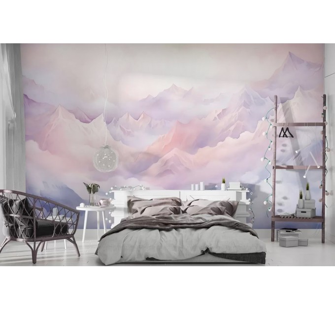Purple pink mountains wallpaper mural for girls nursery