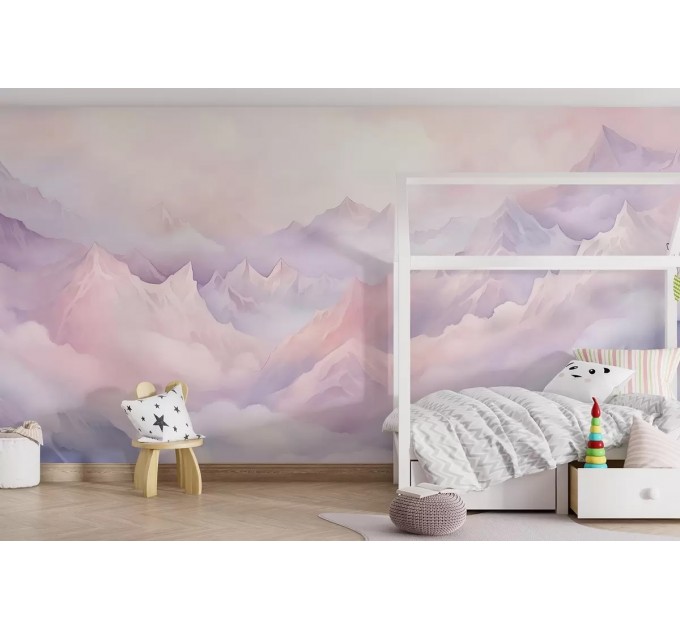 Purple pink mountains wallpaper mural for girls nursery