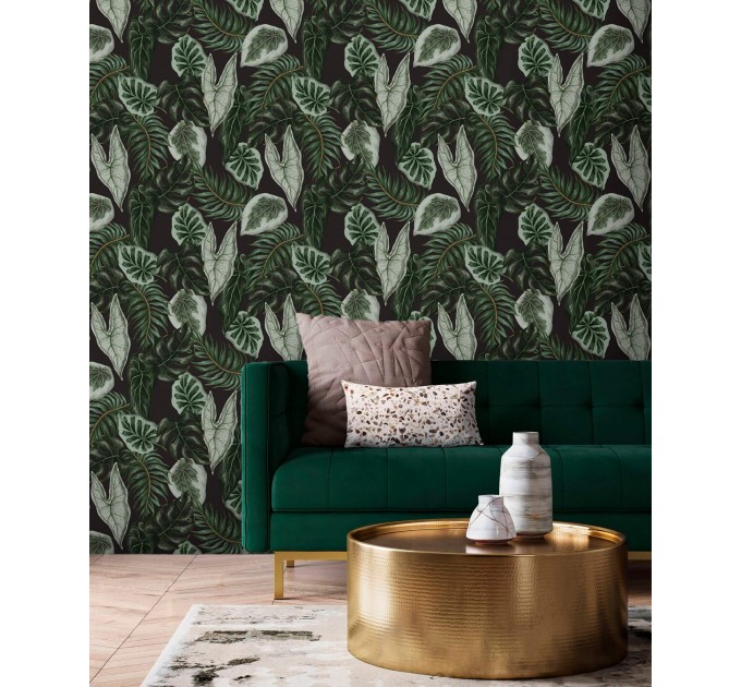 Dark foliage wallpaper leaves pattern wall covering