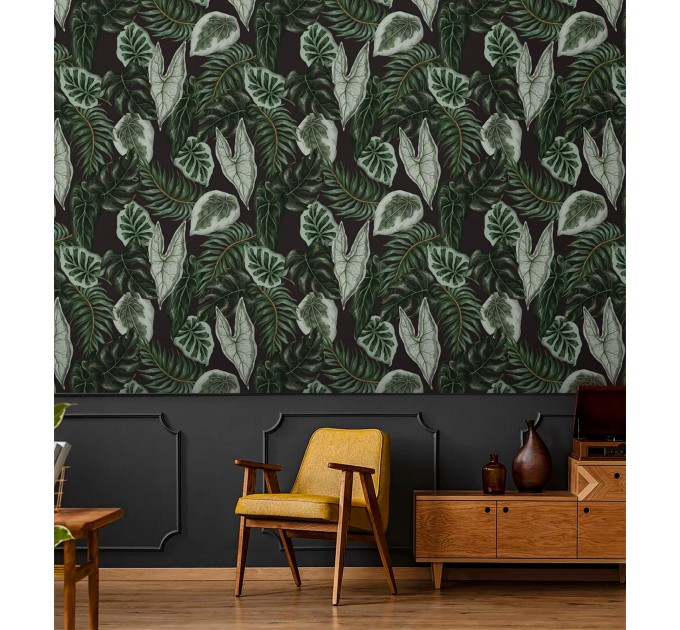 Dark foliage wallpaper leaves pattern wall covering