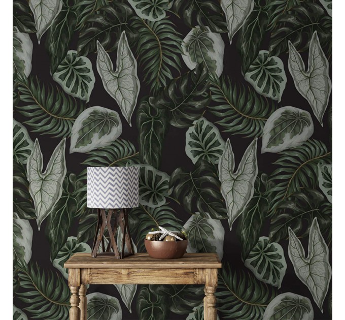 Dark foliage wallpaper leaves pattern wall covering