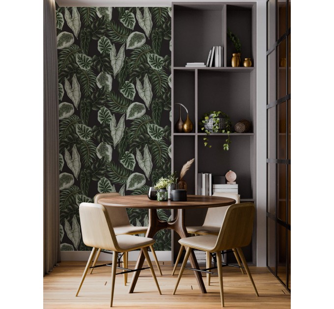 Dark foliage wallpaper leaves pattern wall covering