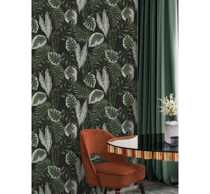 Dark foliage wallpaper leaves pattern wall covering
