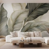 Oversized tropical leaf wallpaper mural in neutral colors