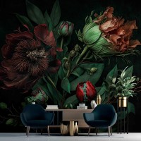 Evening garden dark floral wallpaper mural large flowers