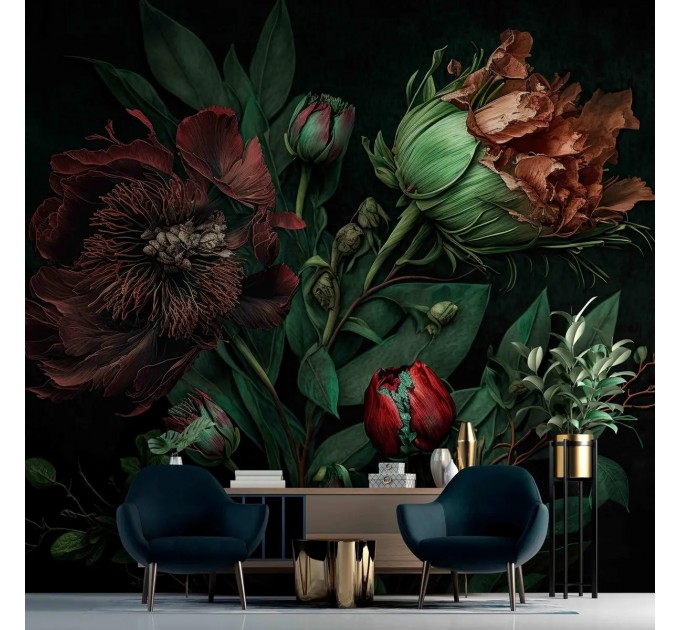 Evening garden dark floral wallpaper mural large flowers