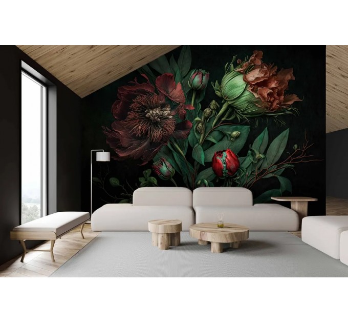 Evening garden dark floral wallpaper mural large flowers