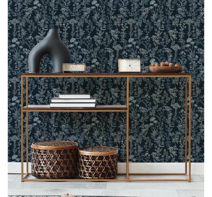 Vintage botanical dark blue floral wallpaper