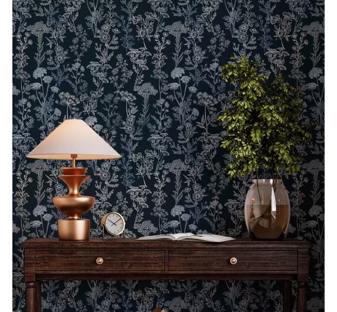 Vintage botanical dark blue floral wallpaper