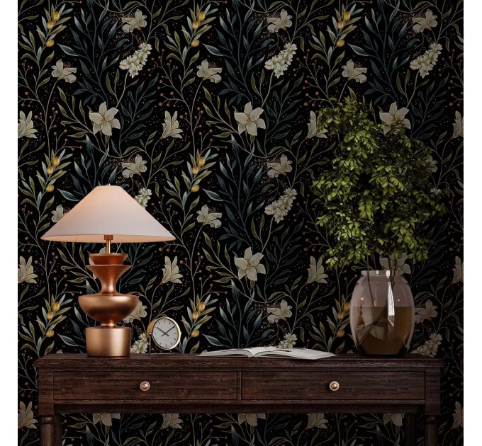 Elegant dark botanical wallpaper with cream flowers