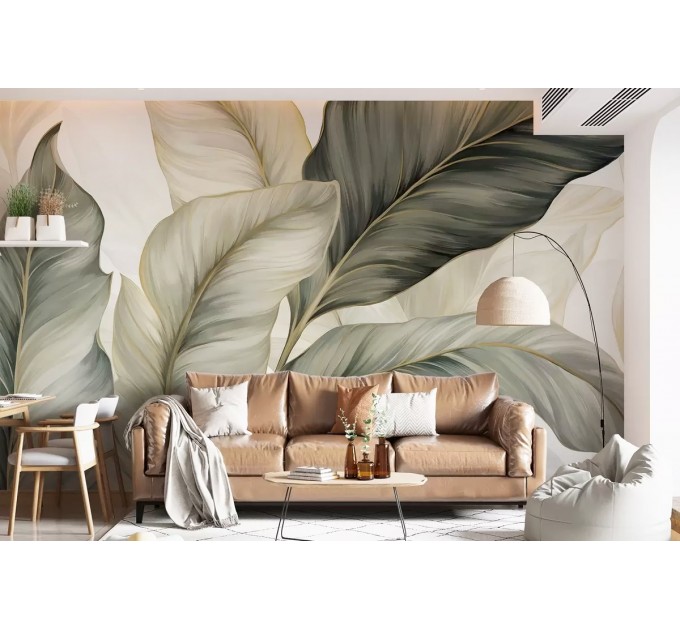 Oversized tropical leaf wallpaper mural in neutral colors