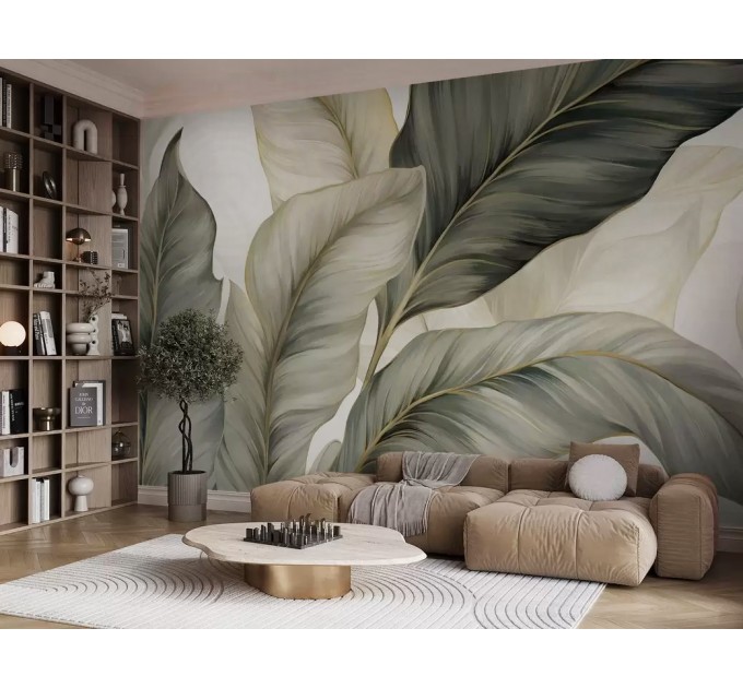Oversized tropical leaf wallpaper mural in neutral colors