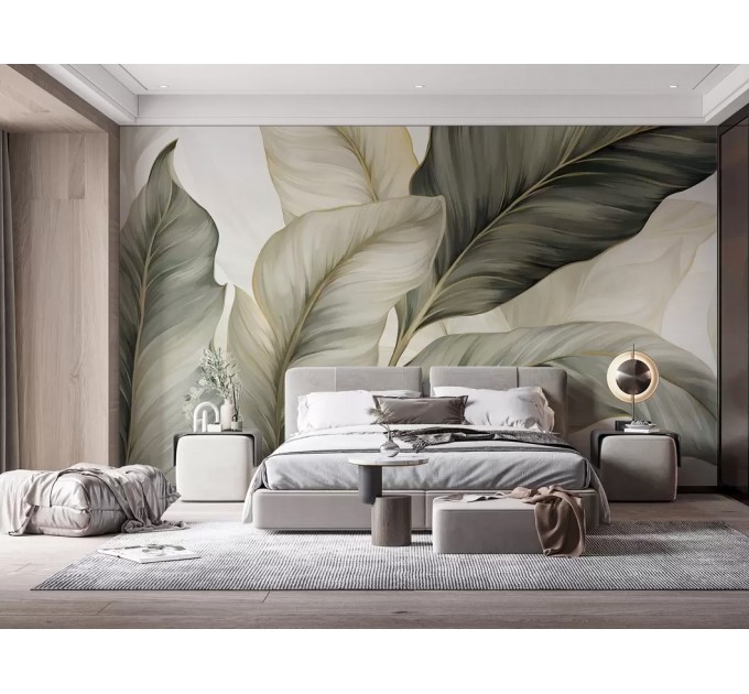 Oversized tropical leaf wallpaper mural in neutral colors