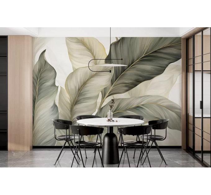 Oversized tropical leaf wallpaper mural in neutral colors