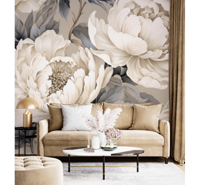 Elegant beige peony flowers wall mural – floral wallpaper