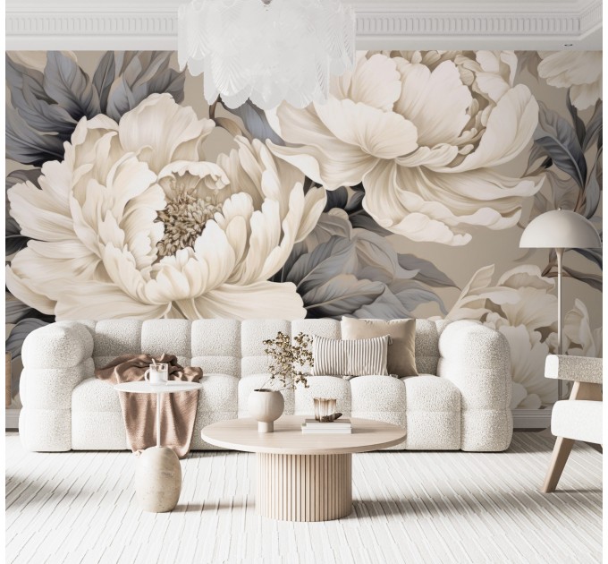 Elegant beige peony flowers wall mural – floral wallpaper