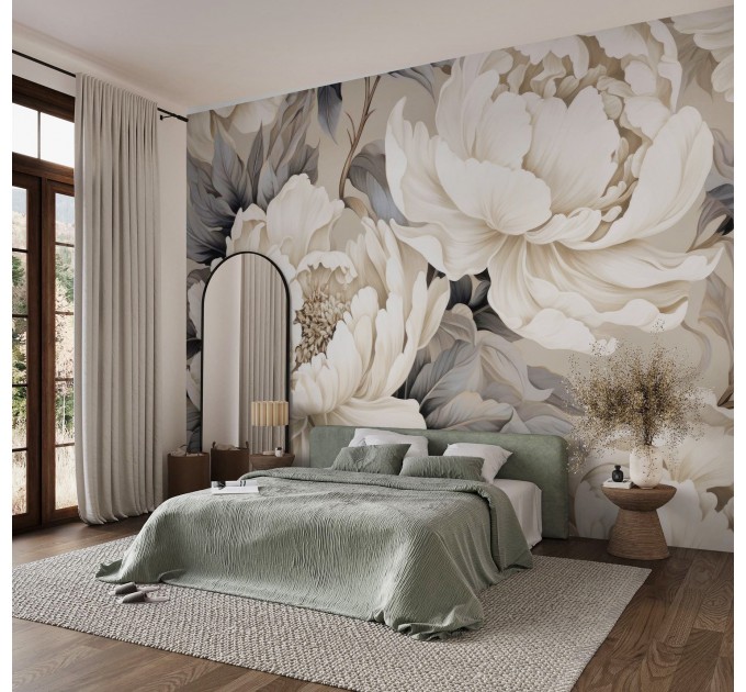 Elegant beige peony flowers wall mural – floral wallpaper
