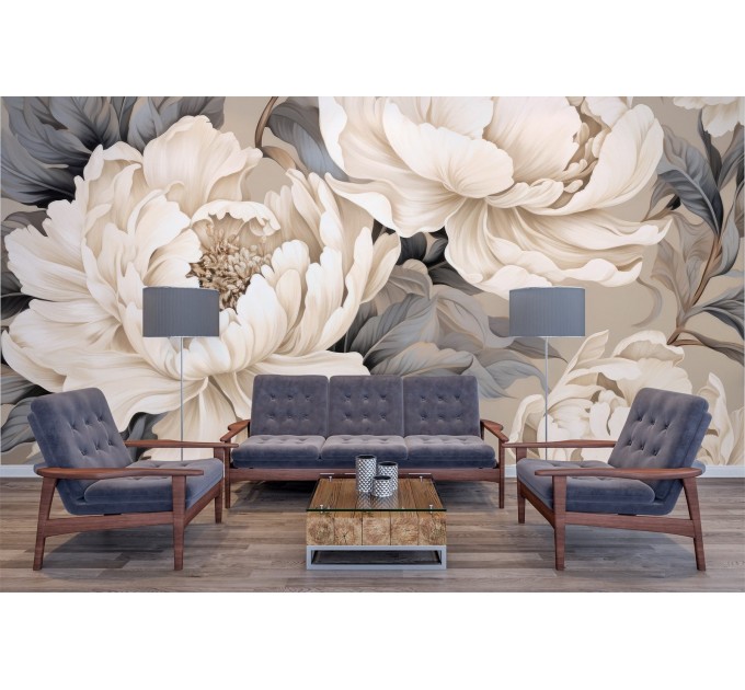 Elegant beige peony flowers wall mural – floral wallpaper