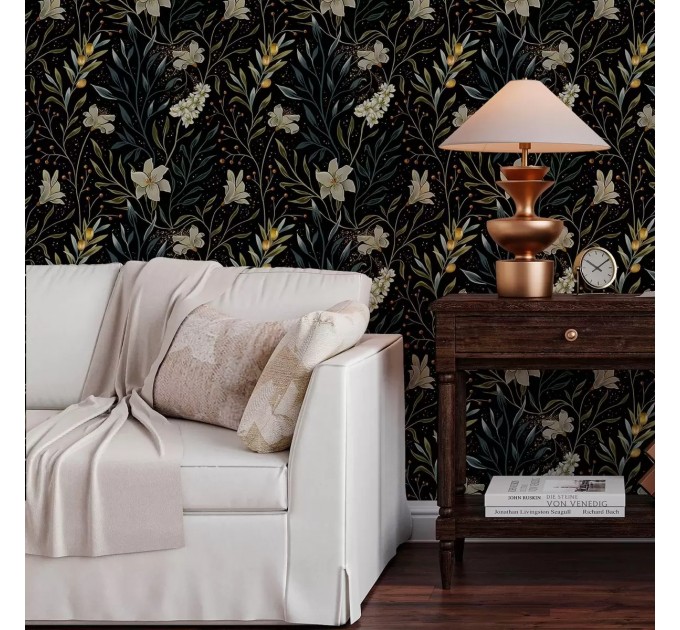 Elegant dark botanical wallpaper with cream flowers