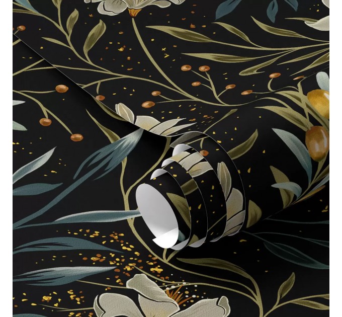 Elegant dark botanical wallpaper with cream flowers