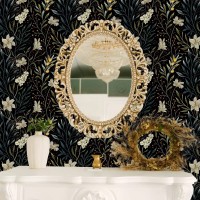 Elegant dark botanical wallpaper with cream flowers