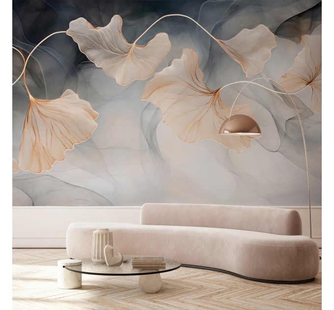 Elegant ginkgo leaf wallpaper – Soft neutral wall mural
