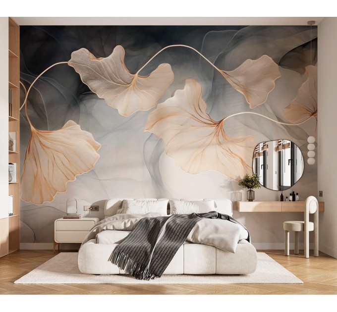 Elegant ginkgo leaf wallpaper – Soft neutral wall mural