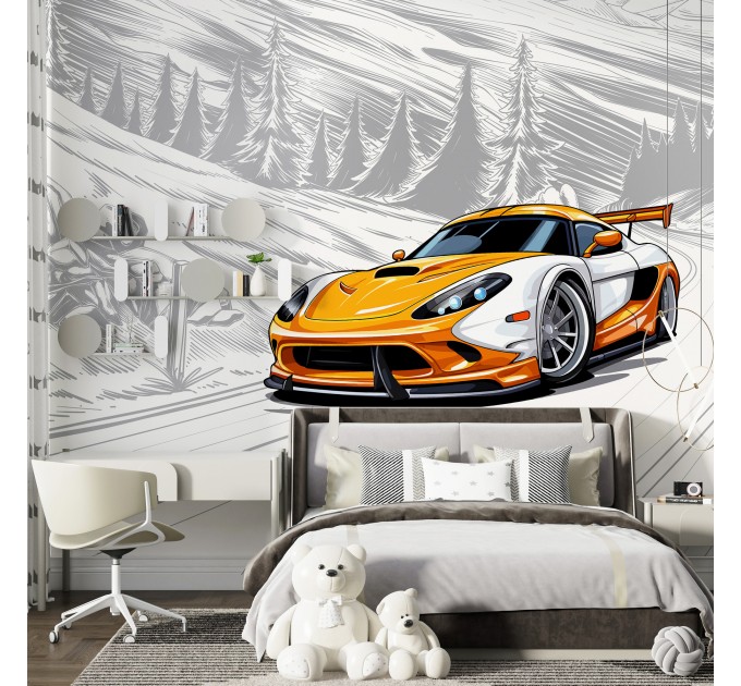 Orange sport car wallpaper Kids room wall mural