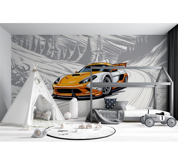 Orange sport car wallpaper Kids room wall mural