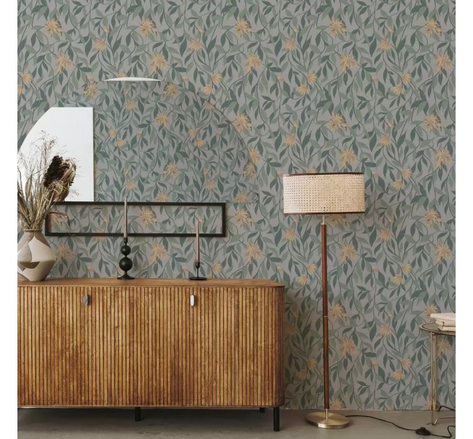 Botanical leaf wallpaper vintage style, Floral wall covering