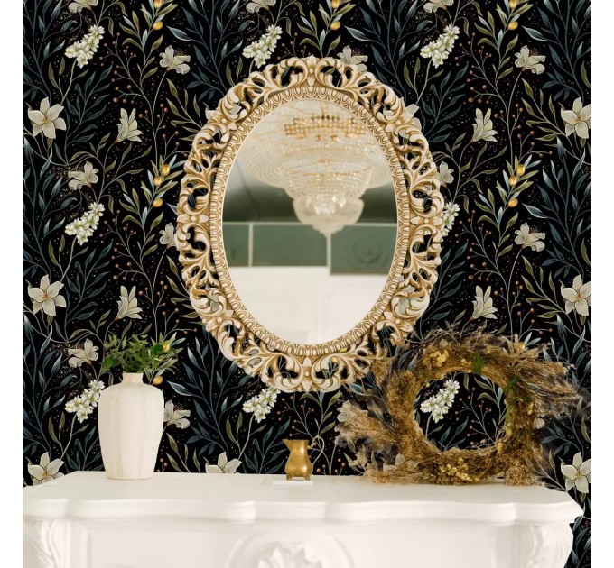 Elegant dark botanical wallpaper with cream flowers