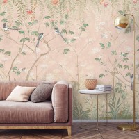 Botanical chinoiserie wallpaper mural with birds