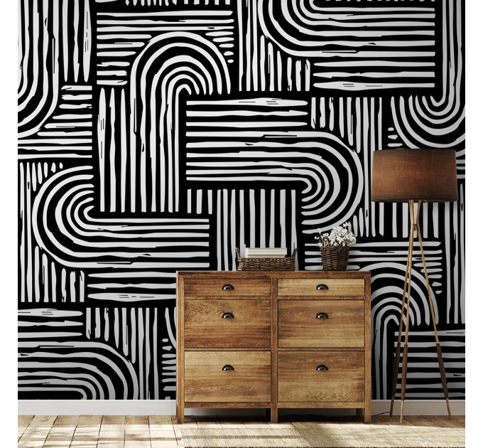 Abstract geometric wallpaper white strokes on black