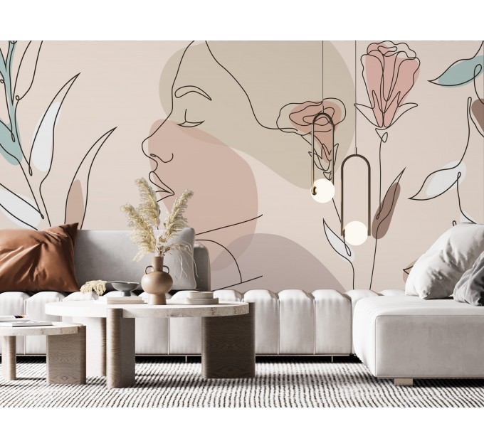 Minimalist line art face and floral wall mural