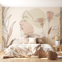 Minimalist line art face and floral wall mural