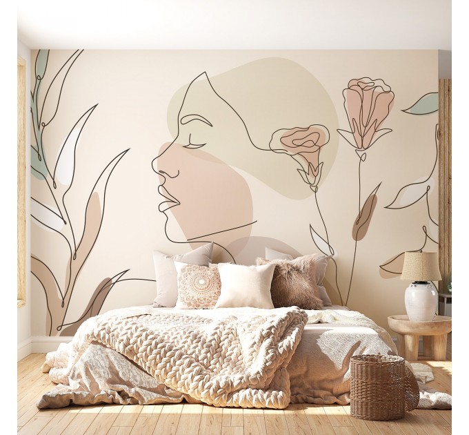 Minimalist line art face and floral wall mural